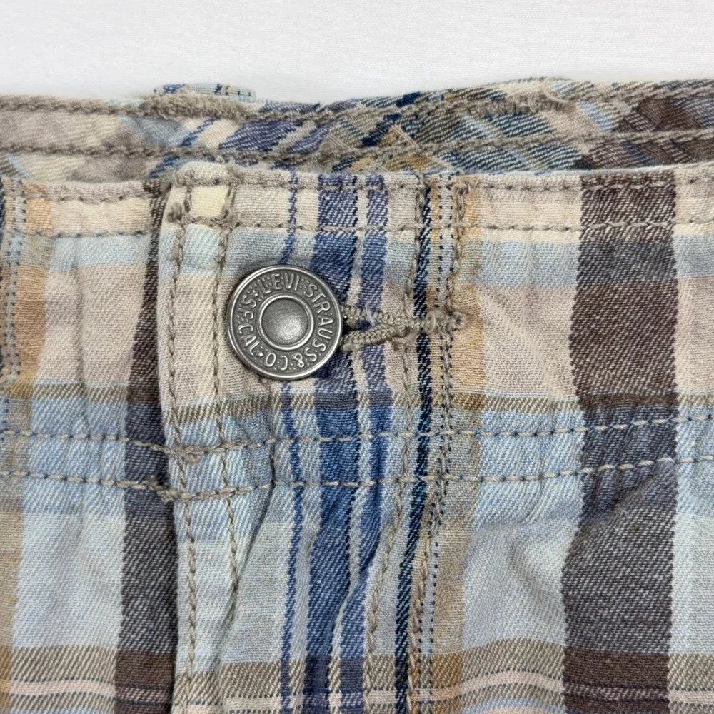 Levis Cargo Shorts Plaid Cotton Multi-Pocket Outdoor Casual‎ Size 36 Blue Brown